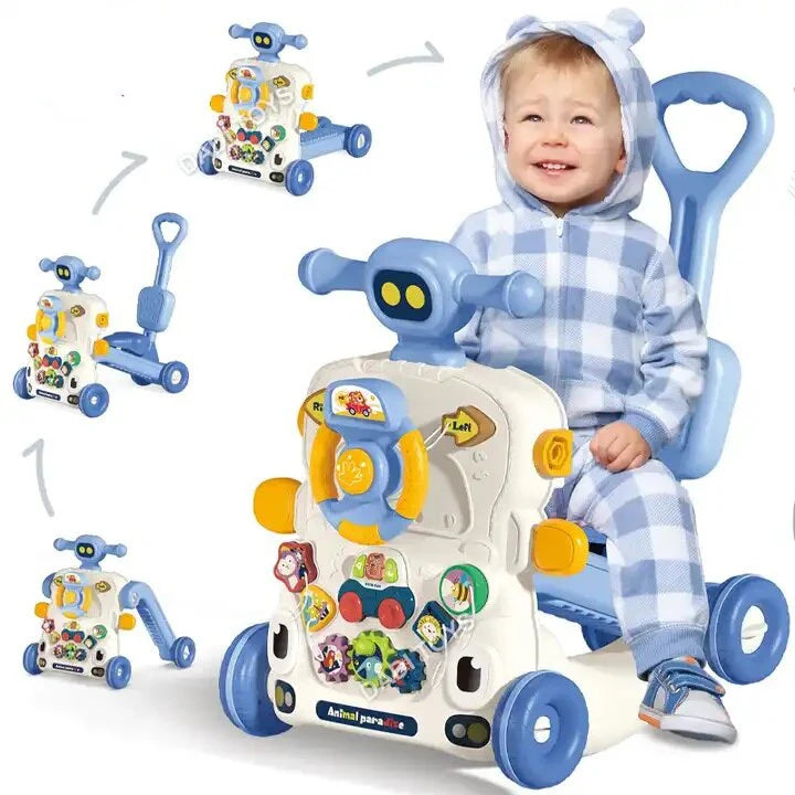 Antemergător multifuncțional 6 în 1 Montessori, cu panou interactiv, lumini și sunete, roți anti-alunecare, gri