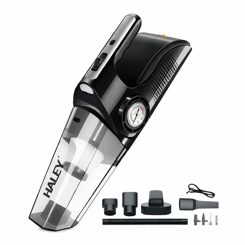 Aspirator Auto Portabil HALEY HY-3921, 4 în 1, 12V, 4500Pa, cu Compresor, Suflare și LED, pentru Curățare Mașină și Umflare Roți