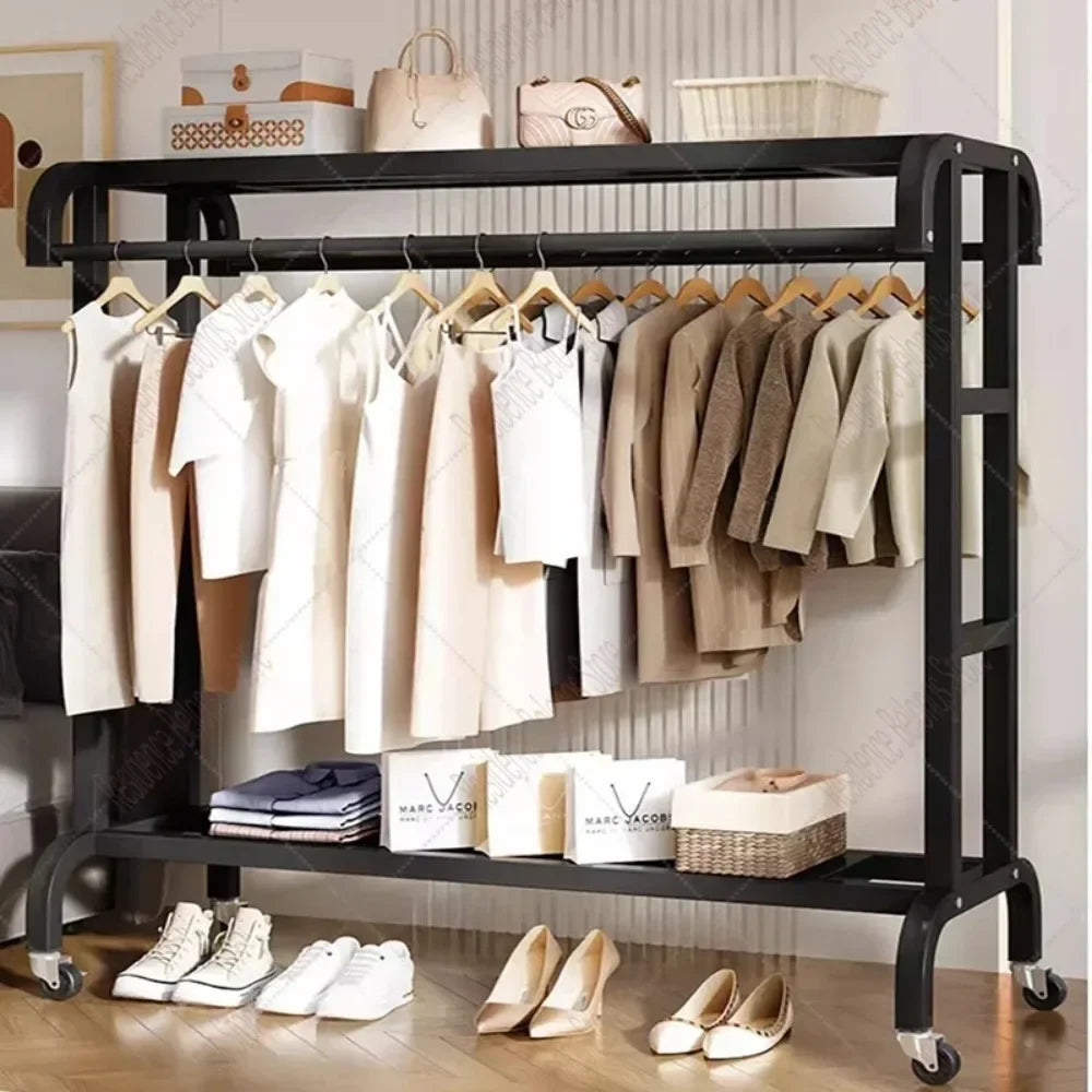 Suport Metalic pentru Haine Tip Stender cu Bara Dubla si Raft Pantofi, Organizator Garderoba, 150 cm, Negru