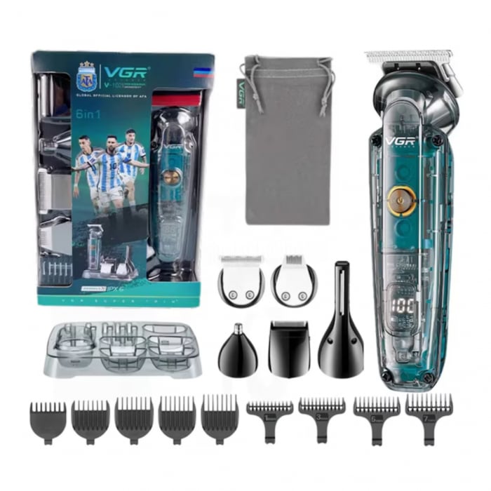 Masina de Tuns Profesionala Transparenta 6-in-1, Rezistenta la Apa IPX6, Afisaj LED, Lame Inox, Autonomie 180 min, USB-C