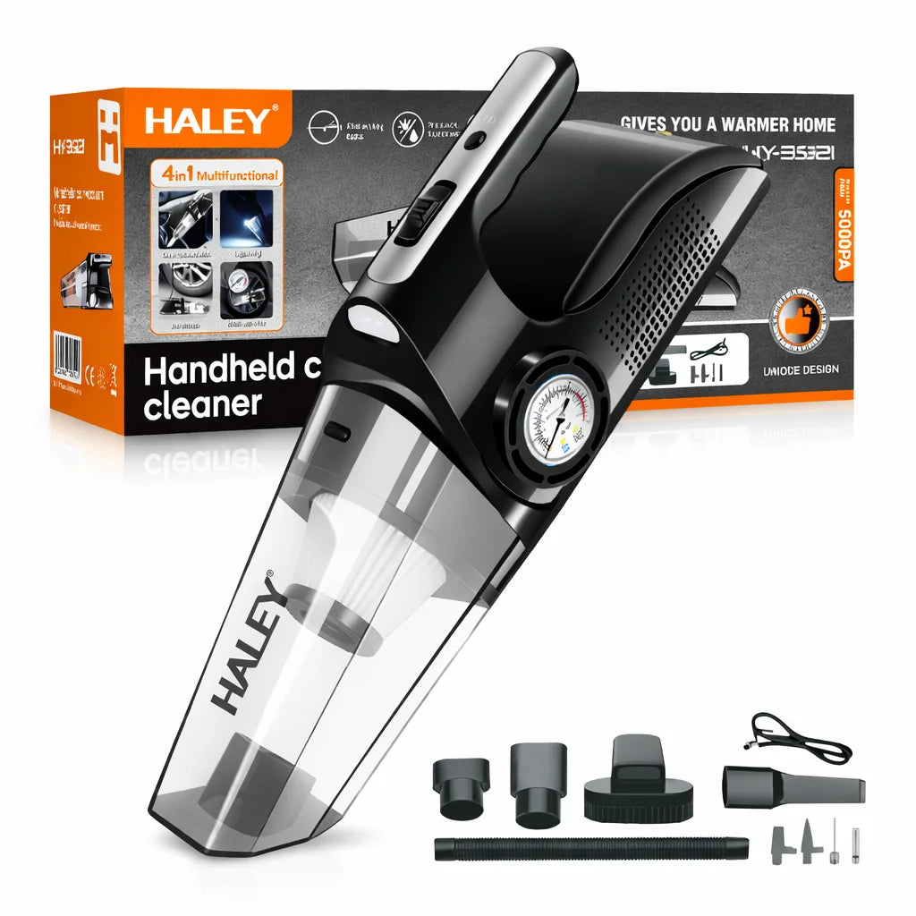Aspirator Auto Portabil HALEY HY-3921, 4 în 1, 12V, 4500Pa, cu Compresor, Suflare și LED, pentru Curățare Mașină și Umflare Roți