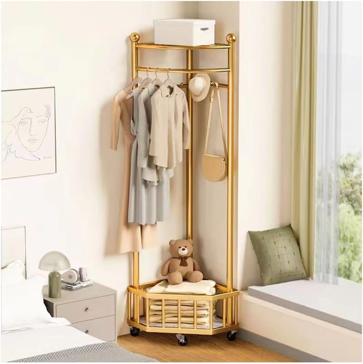 Cuier de Colț Multifuncțional Metalic Auriu cu Roți, 40x40x160 cm – Organizator Modern și Mobil pent