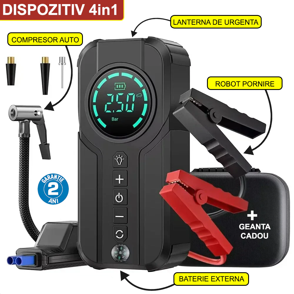 Jump Starter Portabil 4 în 1 cu Compresor Auto, Power Bank și Lanternă LED – Robot Pornire Auto pentru Benzină și Diesel