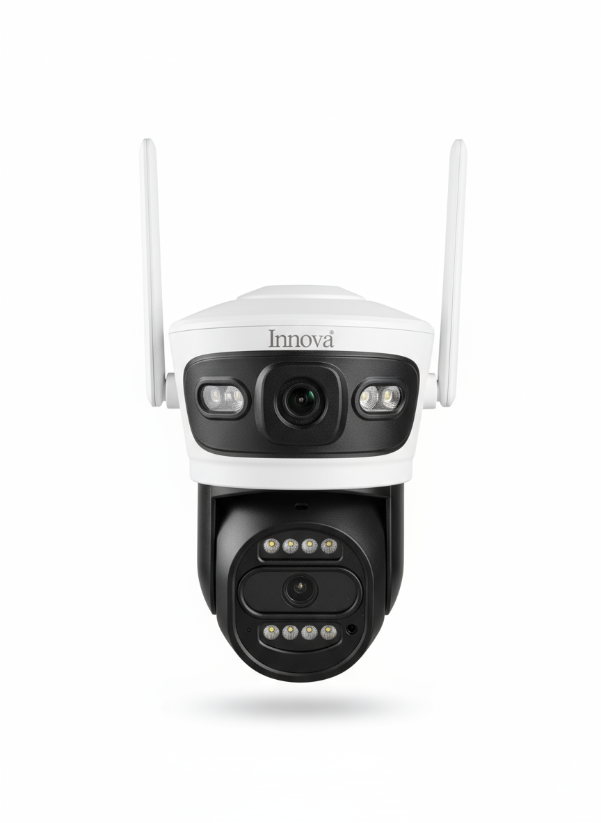 Camera Supraveghere Duală INNOVA X-TRAK 6MP, WiFi/LAN, PTZ 360°, Viziune Nocturnă, Senzor Mișcare, IP66, Live pe Telefon