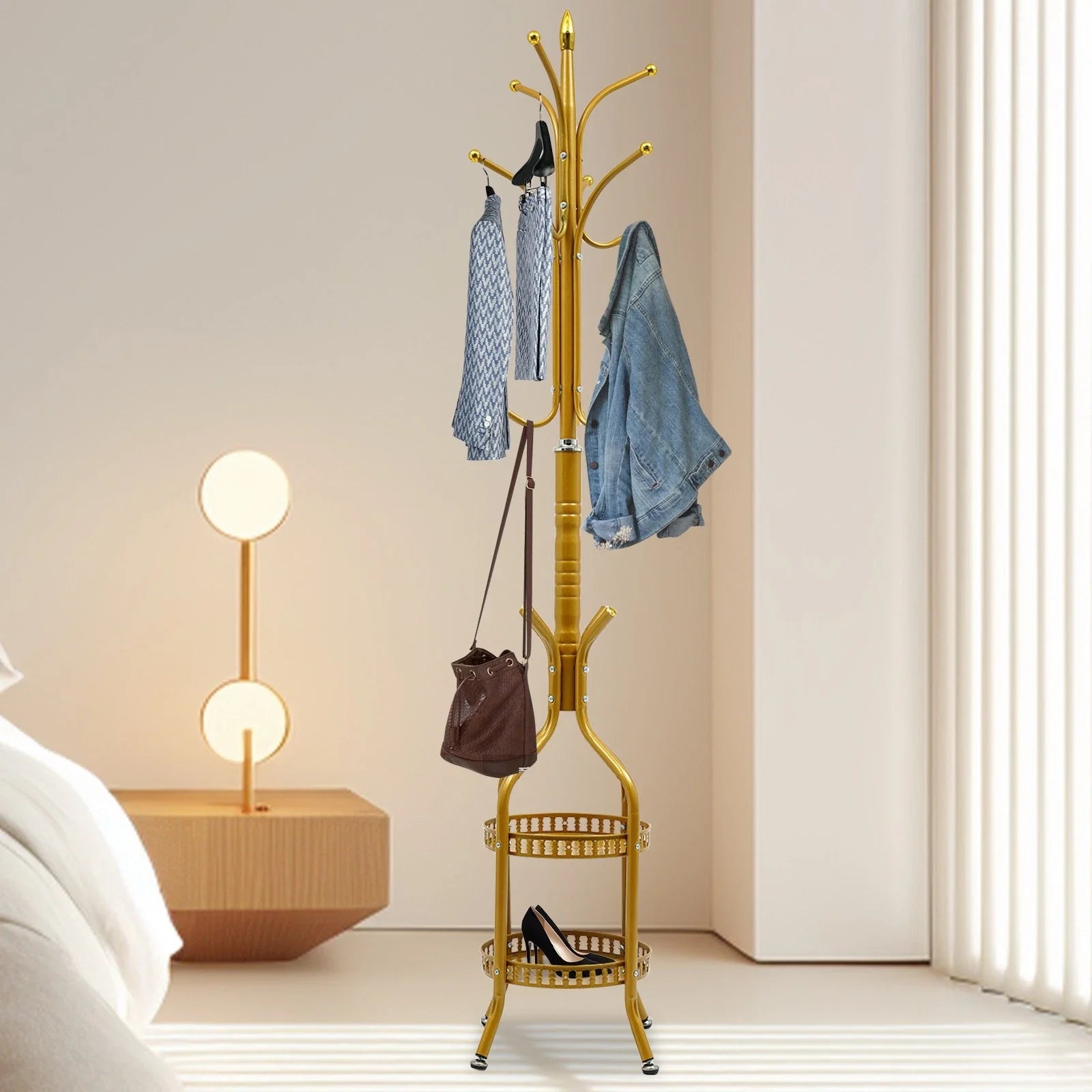 Cuier de Podea Metalic Auriu 34x189 cm cu Cârlige Multiple și 2 Rafturi Depozitare – Tip Hall Tree