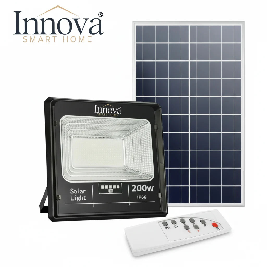 Proiector Solar Innova 200W cu Panou Fotovoltaic, Telecomandă, Indicator Baterie, IP66, 6500K, Autonomie până la 10h, Garantie 3 Ani