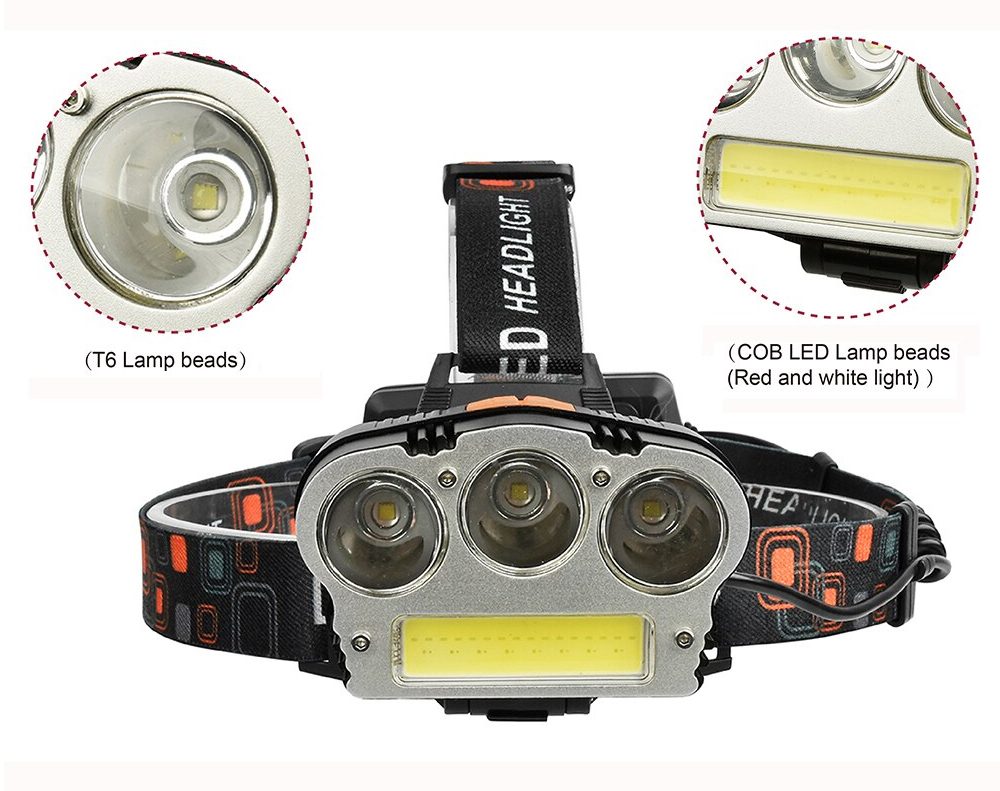 Lanternă Frontală LED Reîncărcabilă cu 2 Acumulatori și 7 Moduri de Iluminare, cu Lumină Roșie
