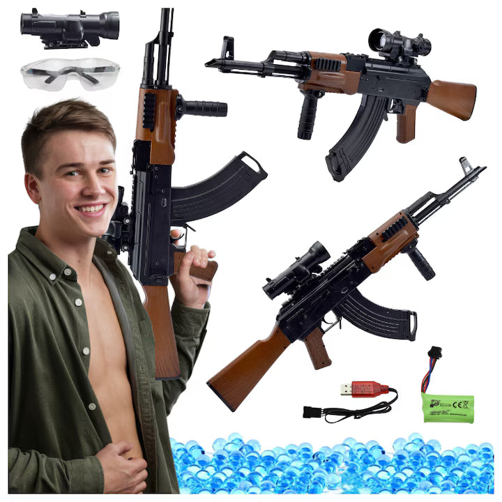 Pusca Automată AK47 cu Bile Gel, Tragere Automată și Manuală, Telescop, USB Rechargeable, Ochelari Protecție, Set Complet Outdoor