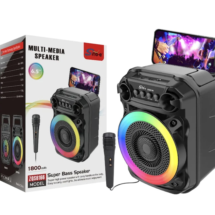 Boxă Portabilă Bluetooth ZQS 6166, Difuzor 6.5 Inch, LED RGB, Radio FM, USB/AUX