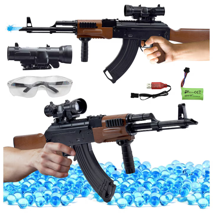 Pusca Automată AK47 cu Bile Gel, Tragere Automată și Manuală, Telescop, USB Rechargeable, Ochelari Protecție, Set Complet Outdoor