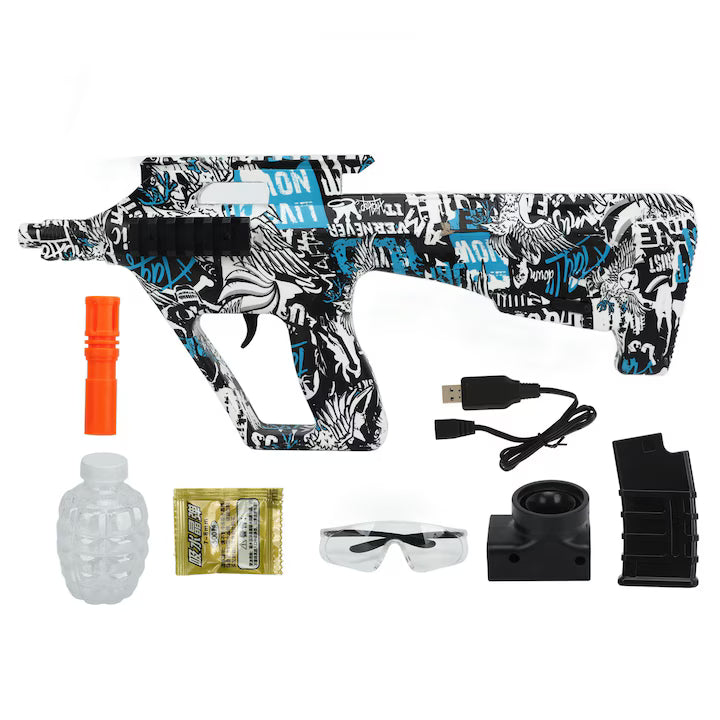 Pusca Automata AUG cu Bile Gel Hidrostatice, Tragere Automată, 5000 Bile Gel, USB Reîncărcabil, Ochelari Protecție, Set Outdoor Copii și Adulți