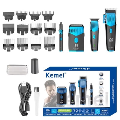 Set Aparat de Tuns 4 în 1 Kemei - 8534 pentru Bărbați, Mașină de Tuns, Aparat de Ras, Trimmer Nas și Urechi, Fără Fir