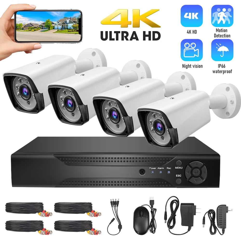 Sistem Supraveghere Video CCTV 5MP cu 4 Camere Exterior AHD și DVR 4 Canale, Vedere Nocturnă IR, Monitorizare prin Telefon