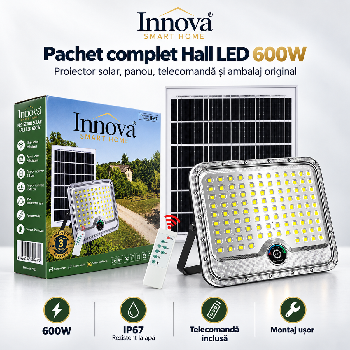 Proiector Solar LED 600W Innova Smart Home Hall, IP67, Panou Solar 35x35 cm și Telecomandă