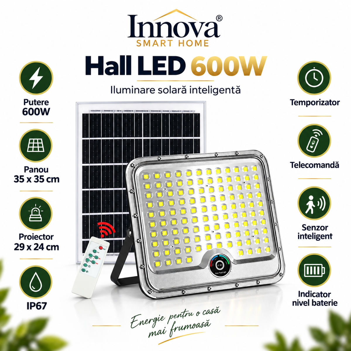 Proiector Solar LED 600W Innova Smart Home Hall, IP67, Panou Solar 35x35 cm și Telecomandă