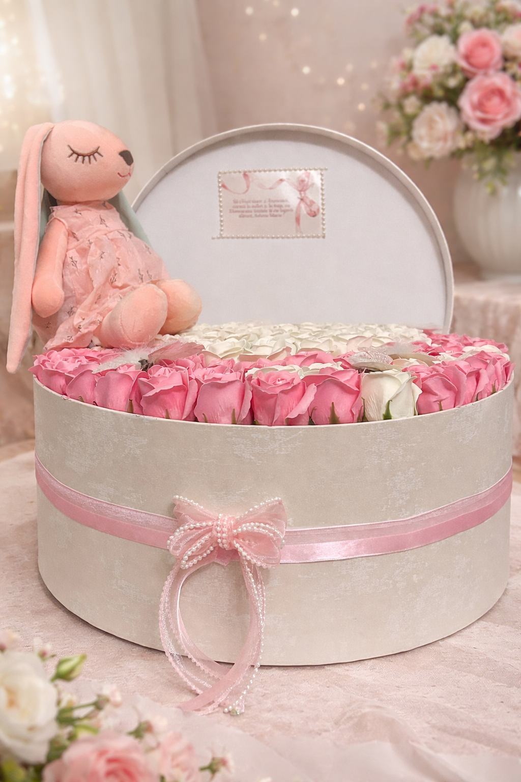 Cutie cadou premium cu trandafiri de săpun și pluș – aranjament floral delicat pentru botez / mir