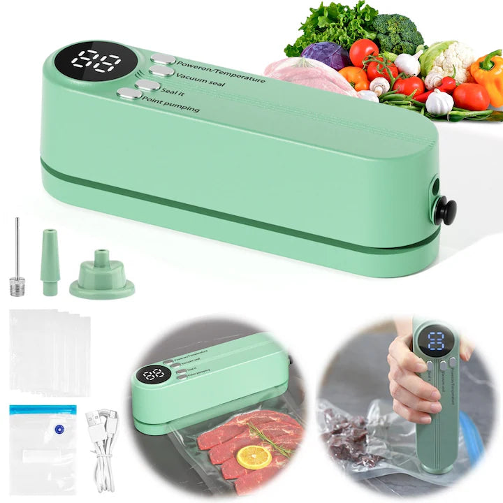 Aparat de Vidat și Sigilat Alimente Portabil 3 în 1, 30 cm, Verde, cu 5 Pungi Incluse