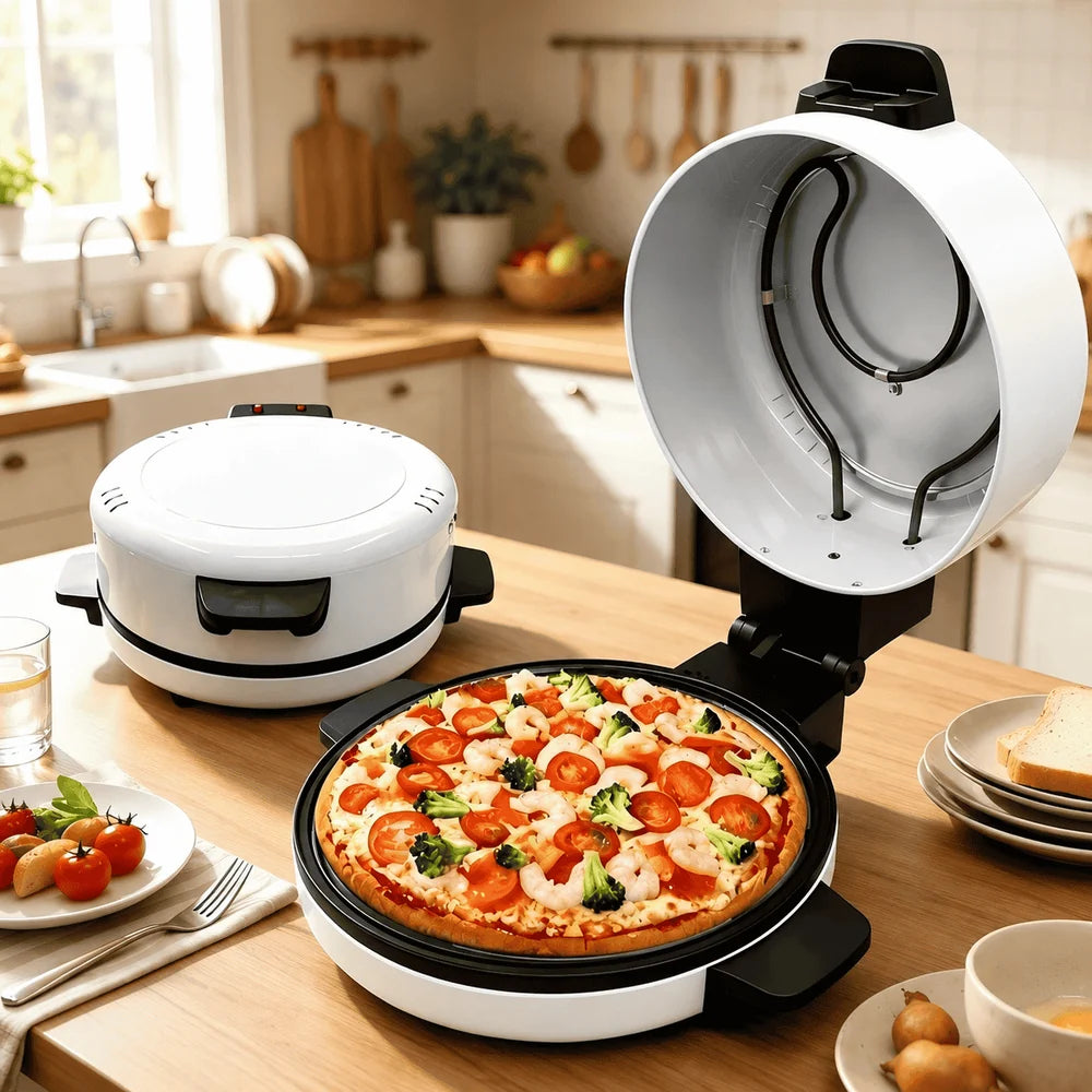 Cuptor Electric pentru Pizza 3000W, Încălzire Sus-Jos, Tavă Rotundă, Alb-Negru