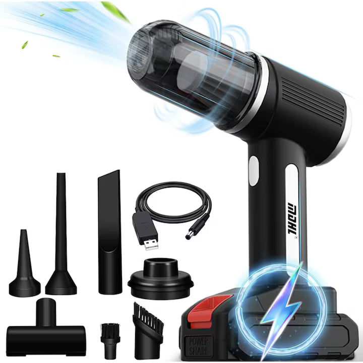 Aspirator auto portabil fără fir, 120W, 9000Pa, reîncărcabil, 4-în-1 cu funcție de suflare și accesorii