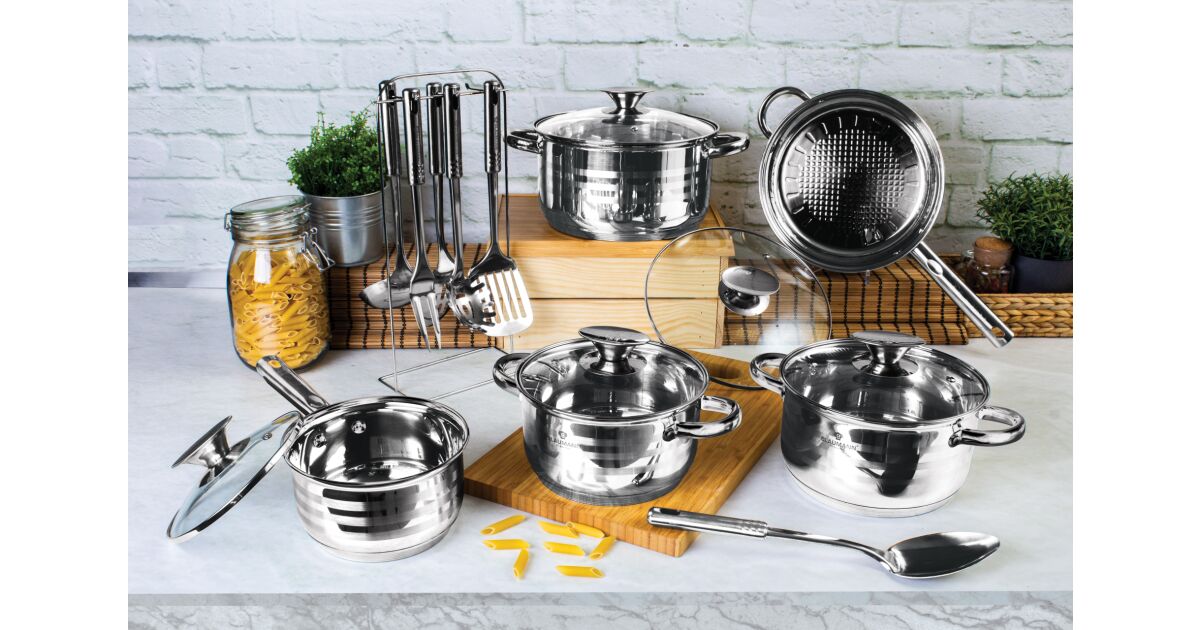 Set oale și tigaie din inox cu capace din sticlă termorezistentă și ustensile din inox (17 piese) – Blaumann BL-3133 Gourmet Line