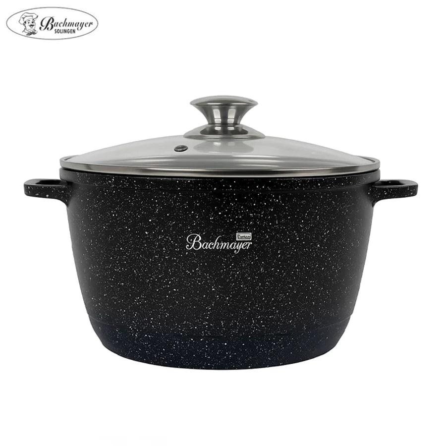 Oală cu înveliș marmorat antiaderent și capac din sticlă 24 cm – Bachmayer BM-7885-24 | 6 L, aluminiu gros, culoare neagră