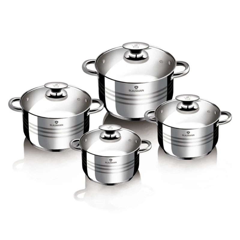 Set cratițe din inox Blaumann BL-3861 – 8 piese cu capace din sticlă (2.1L / 2.9L / 3.9L / 6.5L)