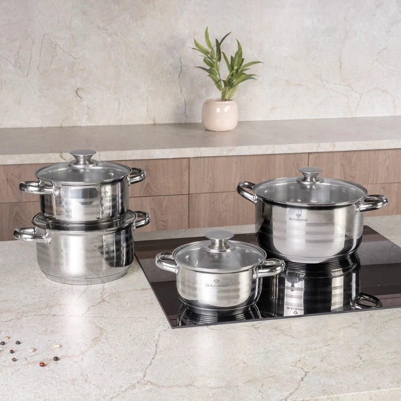 Set cratițe din inox Blaumann BL-3861 – 8 piese cu capace din sticlă (2.1L / 2.9L / 3.9L / 6.5L)