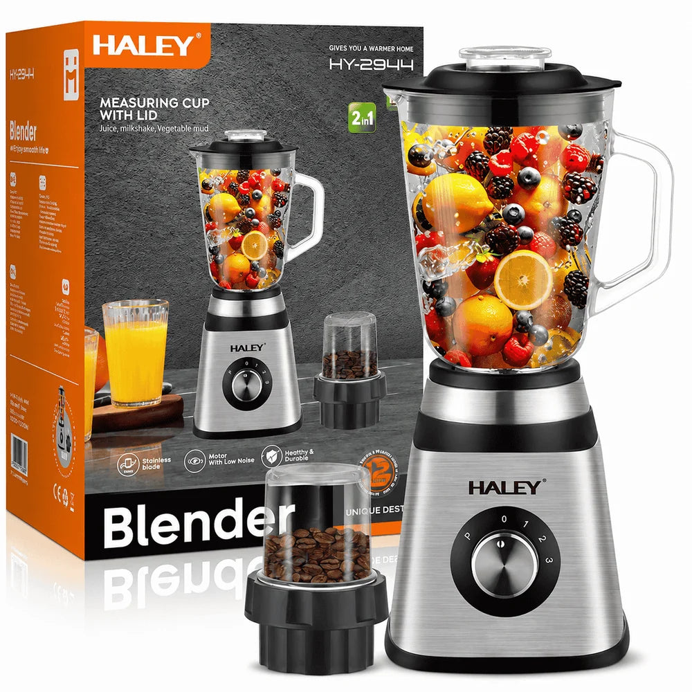 Blender Multifuncțional 2 în 1 HALEY HY-2944, 1000W, Cană Sticlă 1.5L, 3 Viteze + Pulse, Râșniță, Zdrobire Gheață