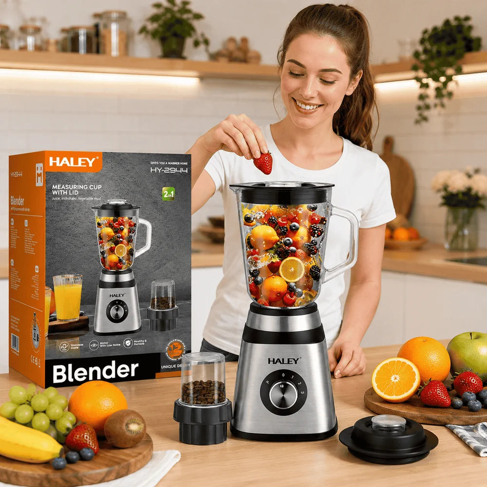 Blender Multifuncțional 2 în 1 HALEY HY-2944, 1000W, Cană Sticlă 1.5L, 3 Viteze + Pulse, Râșniță, Zdrobire Gheață