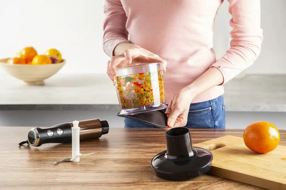 Blender de Mână Multifuncțional 5-în-1 Berlinger Haus KI1026, 800W, Negru & Rose Gold, Cu Tocător, Tel, Spumator Lapte și Pahar Gradat