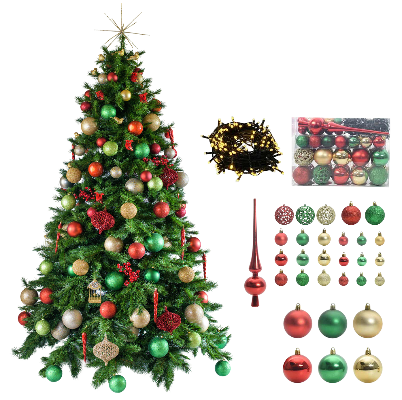 Brad Artificial 1.80M | Set Impodobit Cu 24 Globuri + 4 Beteala 2M + Instalatie 100 LED + Suport Metalic