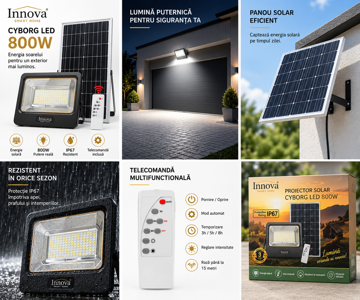 Proiector Solar LED INNOVA Smart Home Cyborg 800W, Panou Solar, Telecomandă, IP67