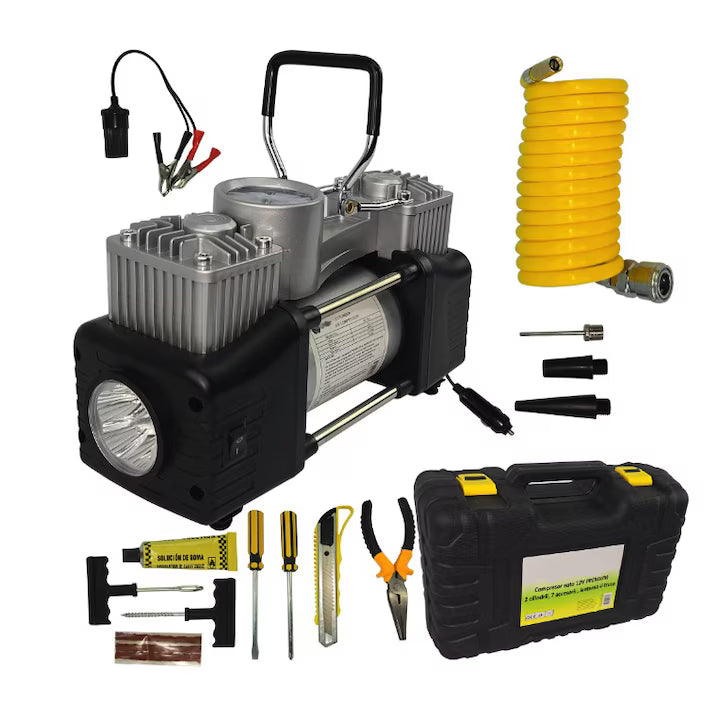 Compresor Auto 12V Lider, 2 Cilindri, 70L/min + Kit Complet de Reparatie Pana