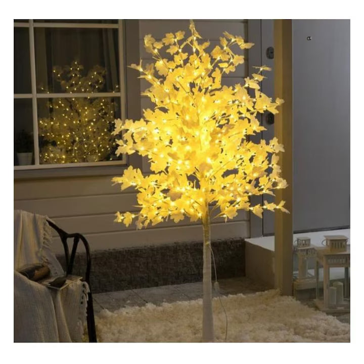 Copăcel Decorativ cu Frunze și LED Alb Cald, 150 cm, Alimentare USB + Adaptor, Comutator Pornire Oprire, Pom Luminos pentru Interior