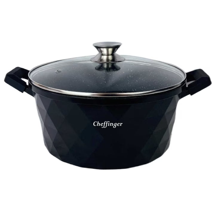 Cratiță Diamond 32 cm, 9.7L, cu Capac din Sticlă Termorezistentă, Acoperire Marmurată, Compatibilă Gaz / Electric / Ceramic / Halogen / Inducție