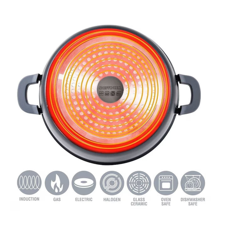 Cratiță Diamond 32 cm, 9.7L, cu Capac din Sticlă Termorezistentă, Acoperire Marmurată, Compatibilă Gaz / Electric / Ceramic / Halogen / Inducție