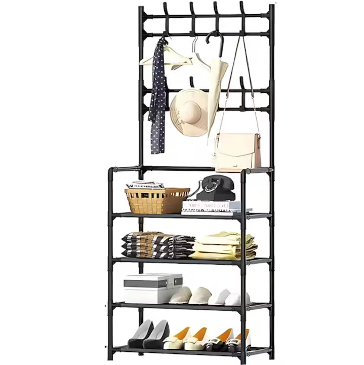 Cuier Metalic 2-in-1 cu Suport Pantofi  9 Cârlige Duble, 4 Rafturi