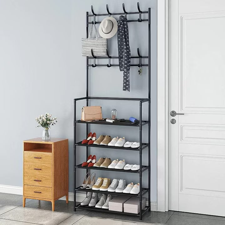 Cuier Metalic 2-in-1 cu Suport Pantofi  9 Cârlige Duble, 4 Rafturi