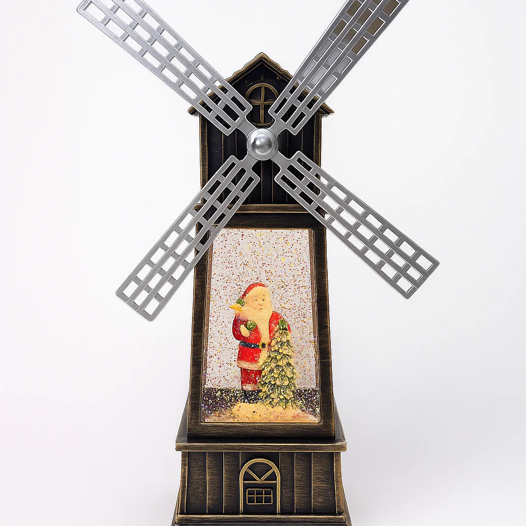 Decorațiune Crăciun Moară de Vânt cu Moș Crăciun, 35 cm, Muzicală, Efect Ninsoare în Mișcare, Pe Baterii, 3 Modele, Negru/Auriu
