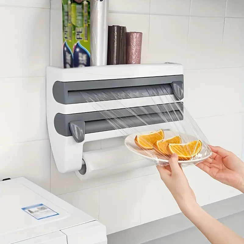 Dispenser Triplu de Bucătărie pentru Hârtie, Folie de Aluminiu și Folie Stretch – Suport Multifuncțional