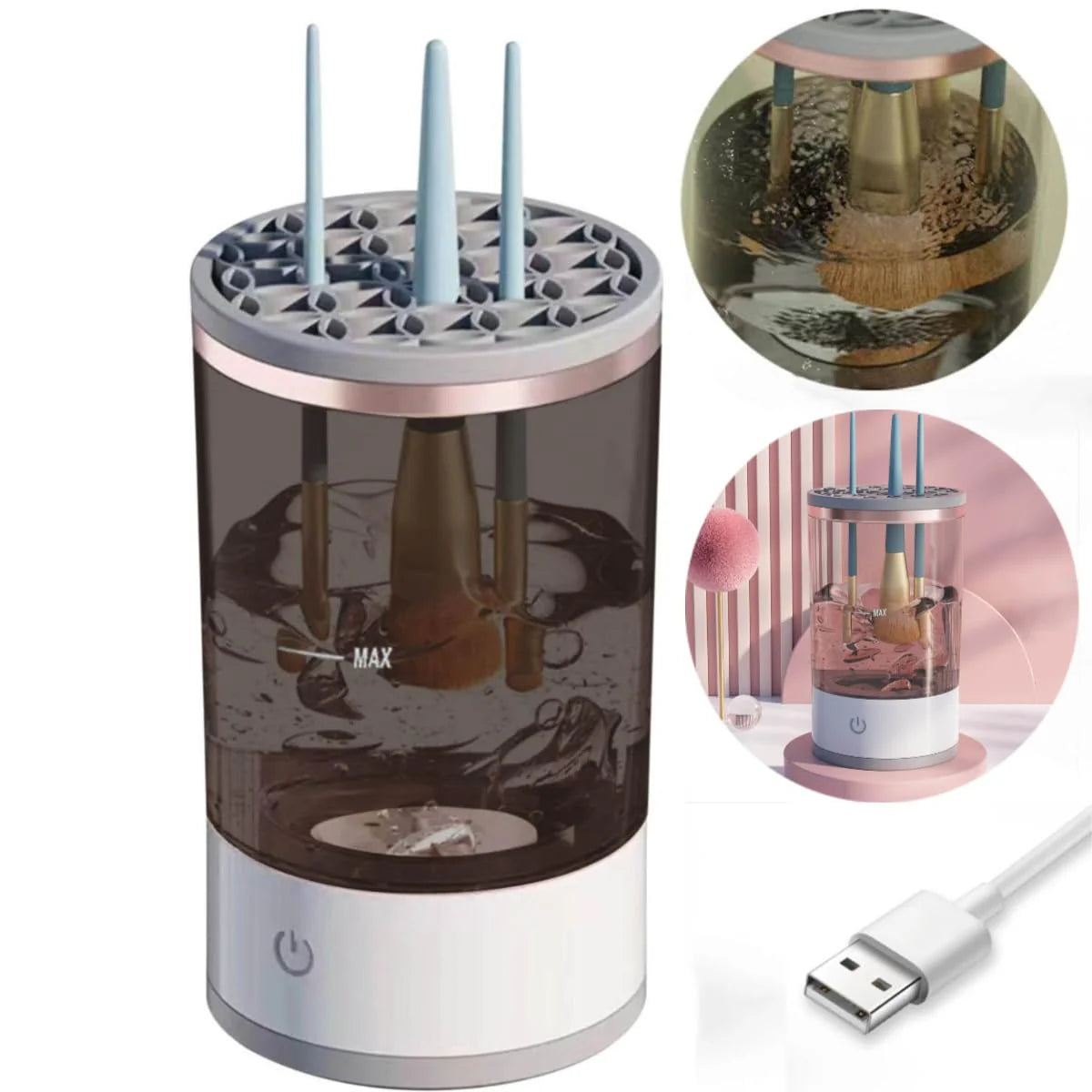 Dispozitiv 2 în 1 pentru Curățat și Uscat Pensule Machiaj, Reîncărcabil USB, Plastic, 14.5x8 cm