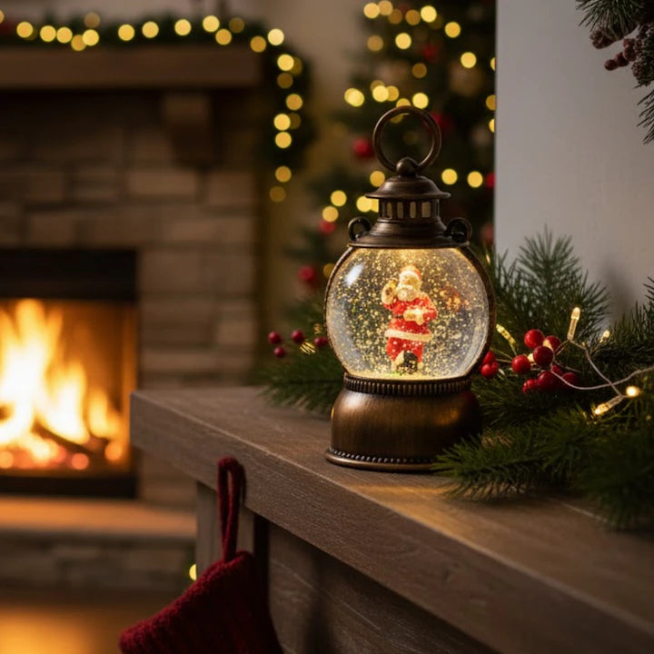 Felinar Muzical de Craciun cu Mos Craciun, Iluminare LED Calda, 8 Melodii, Alimentare Dubla USB sau Baterii, 23 cm, Vintage