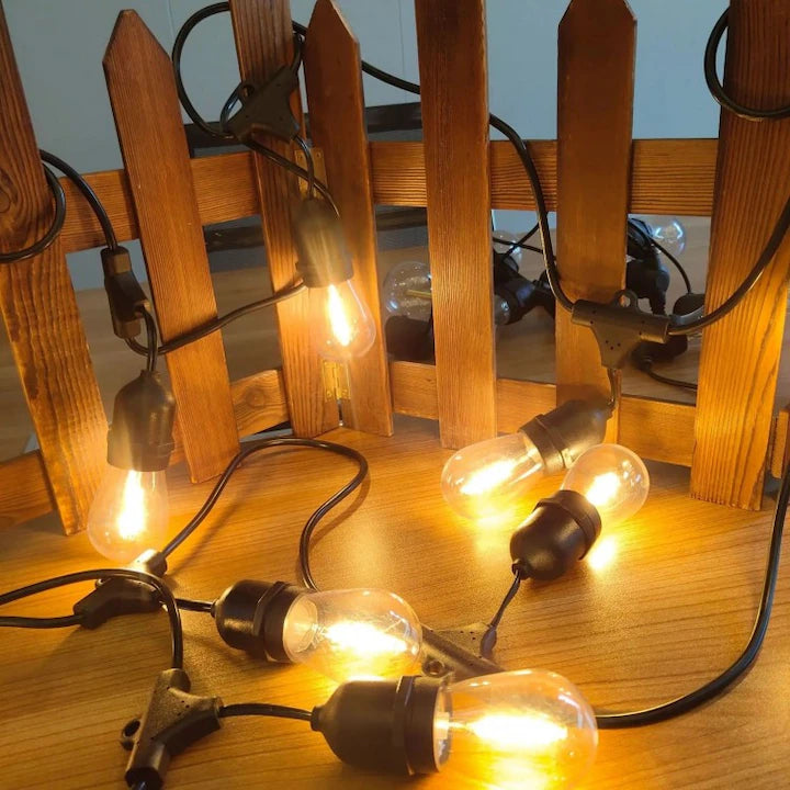 Ghirlandă Luminoasă cu Pendule, 10m + 3m, 20 Becur iLED S14, Interconectabilă, Lumina Caldă 2700K, IP44, 1500W, 220V, Cablu Negru