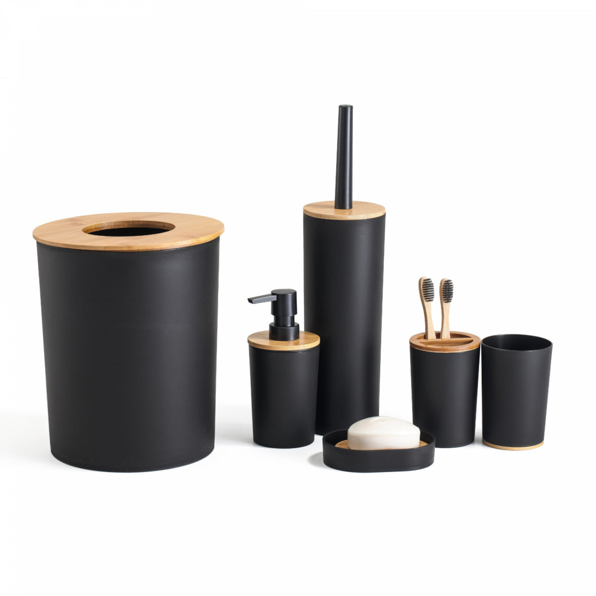 Set baie 6 piese Herzberg HG-04456 – Bambus & Plastic negru mat | Design modern și durabilitate superioară