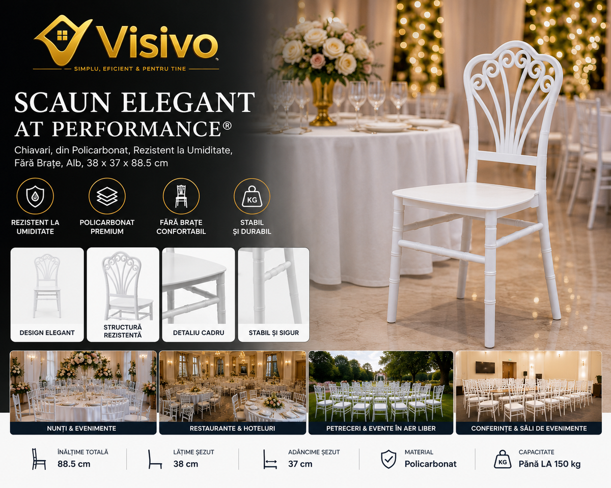 Scaun Elegant AT PERFORMANCE® Chiavari, din Policarbonat, Rezistent la Umiditate, Fără Brațe, Alb, 38 x 37 x 88.5 cm