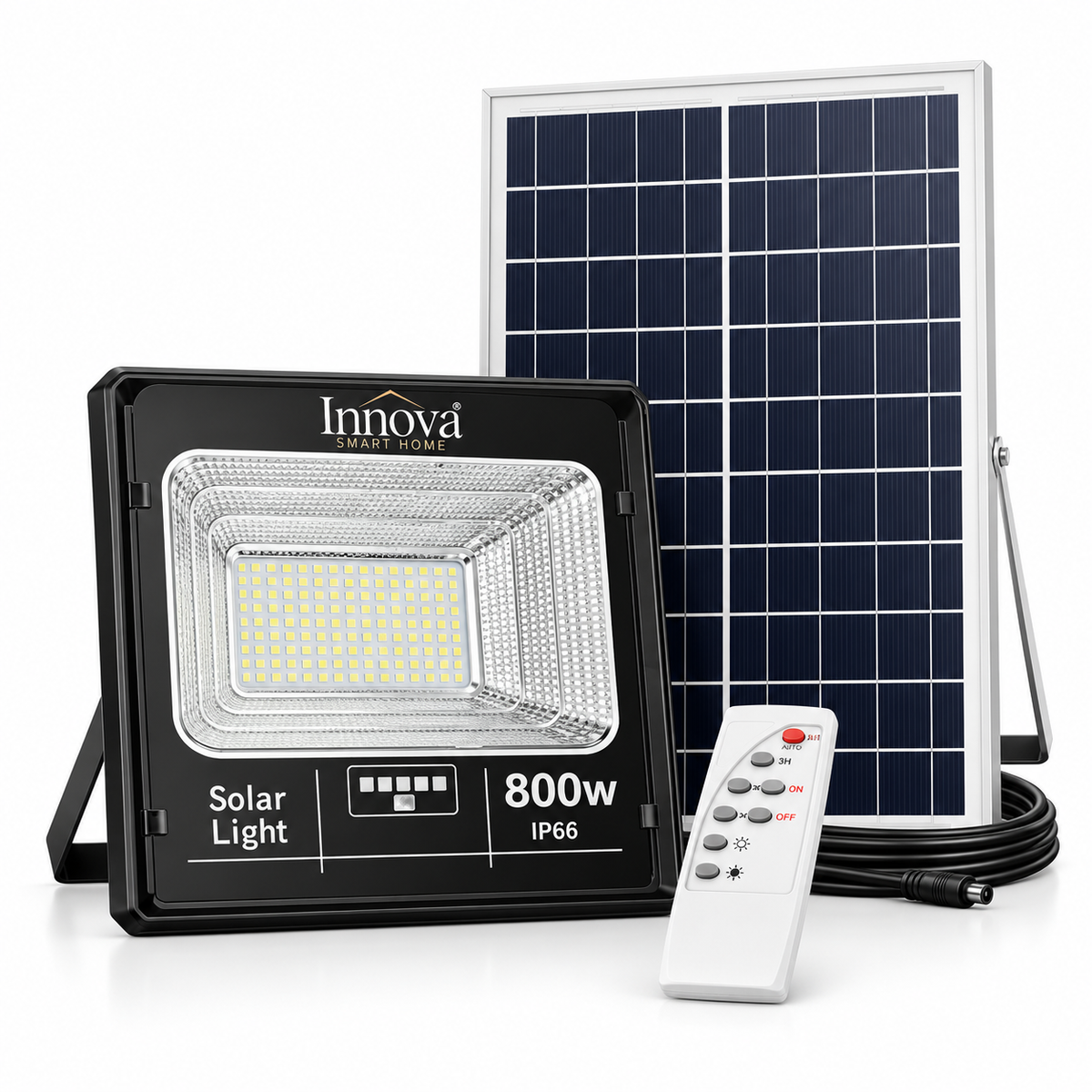 Proiector LED Solar INNOVA 800W cu Panou Solar, Telecomandă, Senzor Crepuscular, IP66