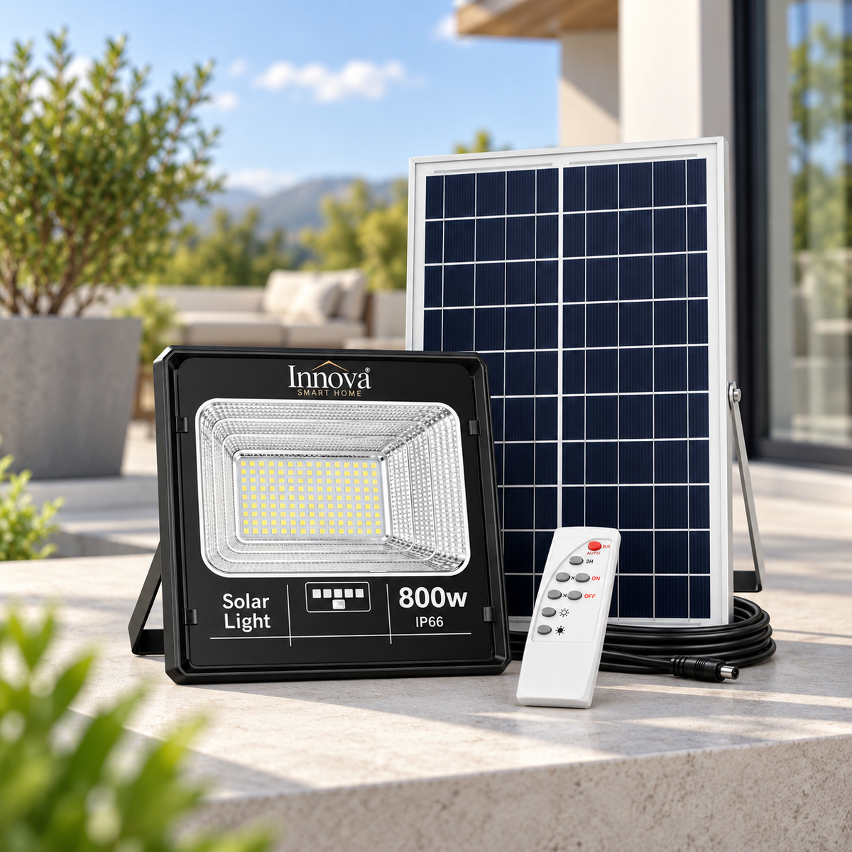 Proiector LED Solar INNOVA 800W cu Panou Solar, Telecomandă, Senzor Crepuscular, IP66