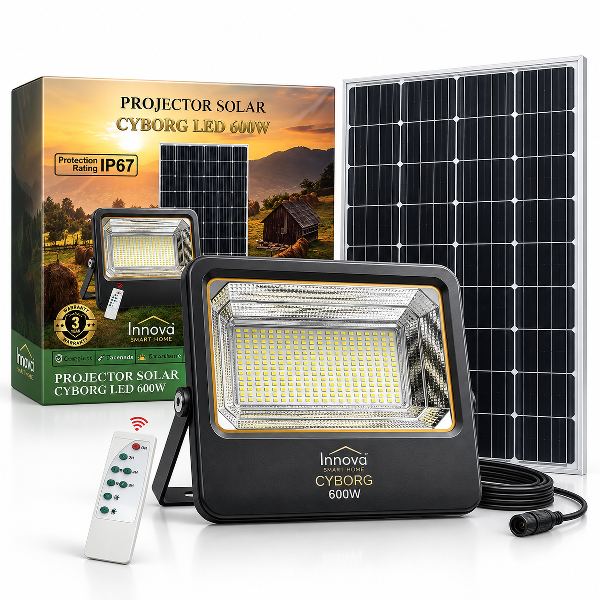 Proiector Solar LED INNOVA Smart Home Cyborg 600W, Panou Solar, Telecomandă, IP67