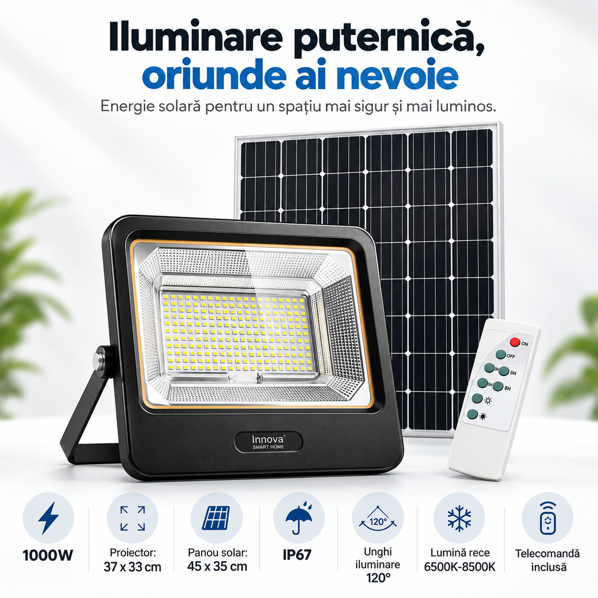 Proiector Solar LED Innova Smart Home Cyborg 1000W, Panou Solar, Telecomandă, IP67