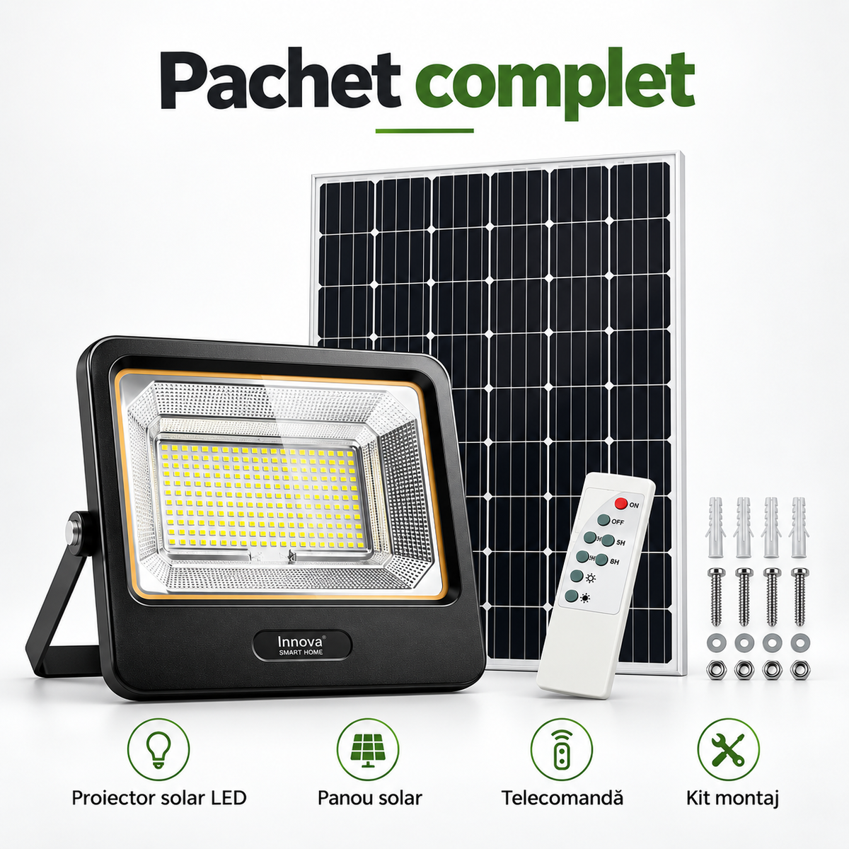 Proiector Solar LED Innova Smart Home Cyborg 1000W, Panou Solar, Telecomandă, IP67
